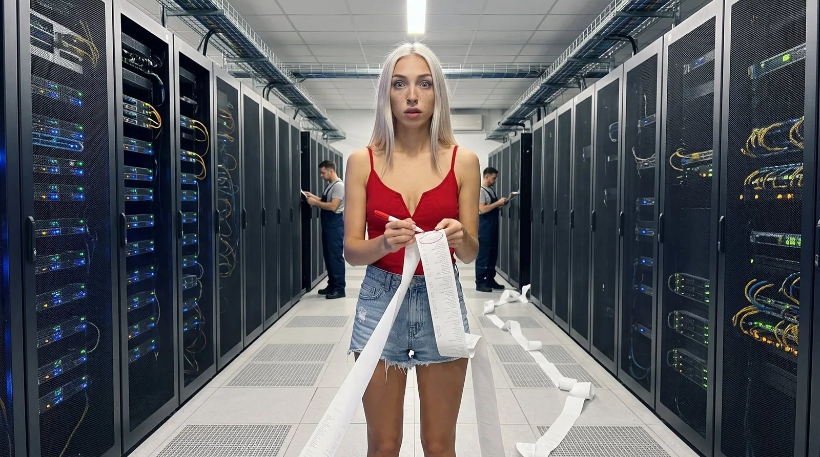 Staged photo: Kira, in a data center aisle between two rows of servers, holds an endless cash-register receipt that unrolls to the floor and circles the total in red marker, eyes wide (generated image).