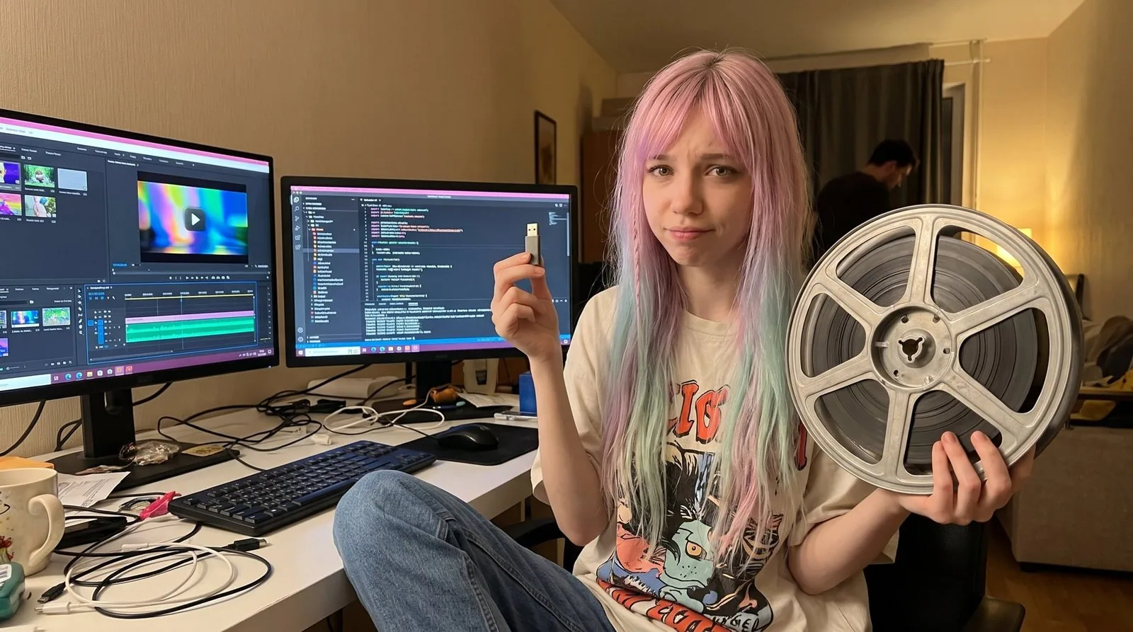 Staged photo: Milky, at her desk in front of a video editing screen and a code screen, holds a tiny USB stick in one hand and a big film reel in the other, looking puzzled (generated image).
