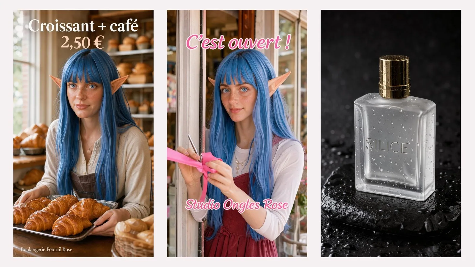 Three vertical visuals side by side, no added caption. On the left, a young woman with long blue hair, bangs and elf ears, in an off-white shirt and an apron, holds out a tray of croissants in a bakery; at the top "Croissant + café 2,50 €", at the bottom "Boulangerie Fournil Rose". In the middle, the same young woman in a red dress over a white T-shirt cuts a pink ribbon on a shop doorstep, under "C'est ouvert !" and above "Studio Ongles Rose". On the right, a frosted glass perfume bottle engraved "SILICE", with a gold cap, on a wet black stone.