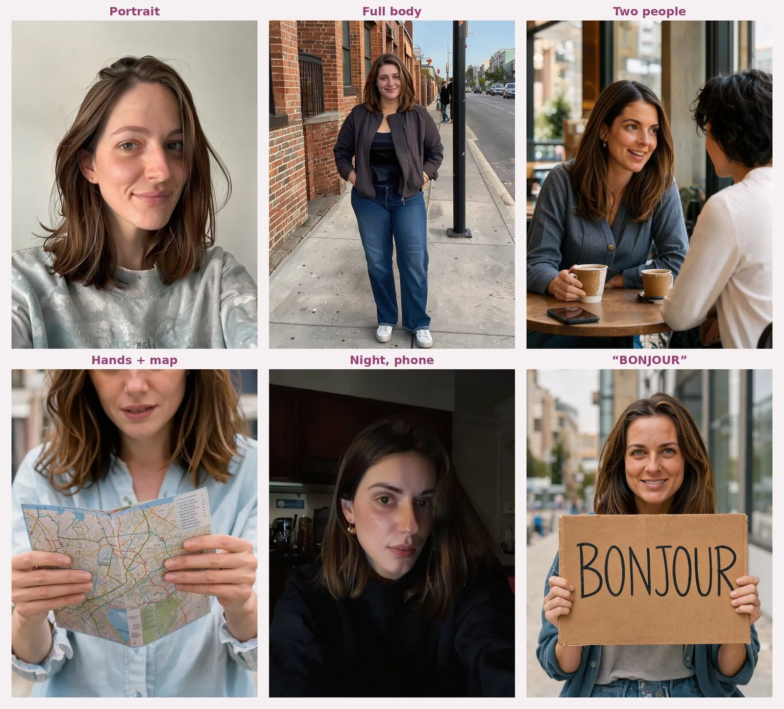Board of 2 rows by 3 columns, six photos of a brunette woman with medium-length hair. A front portrait in a light grey sweatshirt against a light wall; full length on a sidewalk along a brick wall, dark zip-up jacket and wide jeans; at a café table facing a friend with short curly hair, seen from behind; a close-up of hands holding an unfolded city map, light blue shirt; at night in a dark kitchen, her face lit from the side by a light you can't see; smiling, in a denim jacket, she holds a cardboard sign with "BONJOUR" written in black marker.