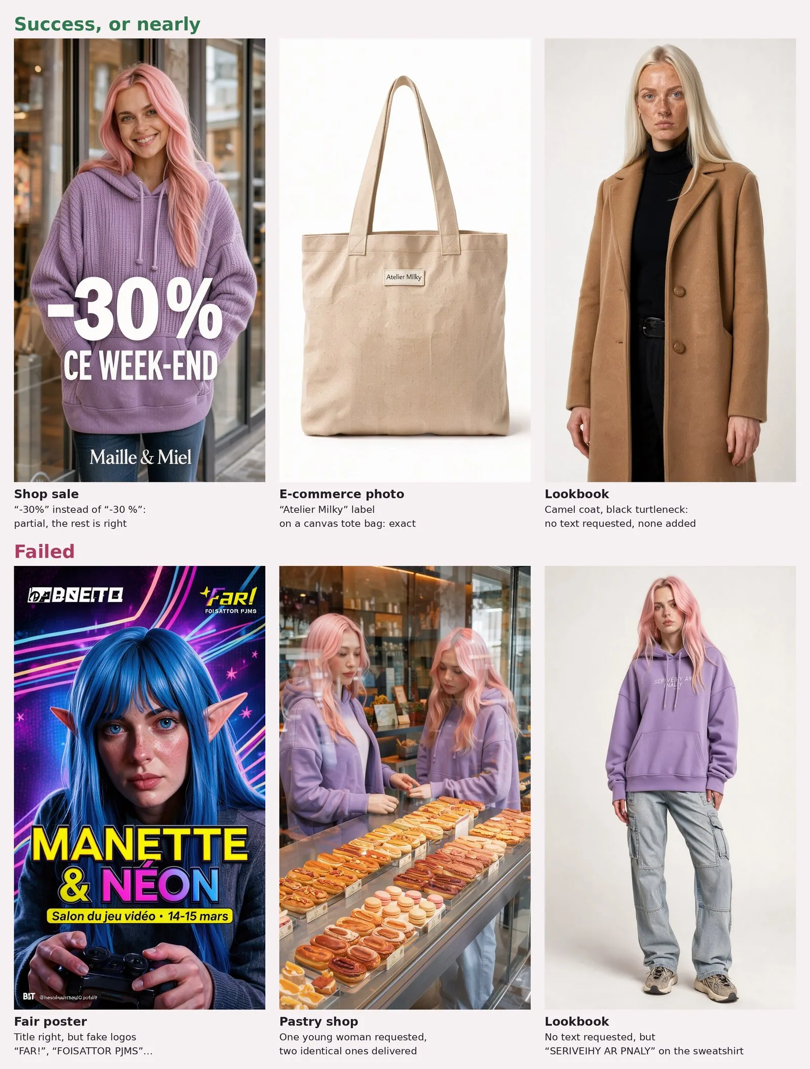 Board of 2 rows by 3 columns, FLUX.3 Klein images. "Success, or nearly" row: a young woman with pink hair in a big lavender knit hoodie in front of a shop window, "-30% CE WEEK-END" (without the requested space before %, rated partial) and "Maille & Miel"; a beige canvas tote bag on a white background with a small "Atelier Milky" label; a blonde woman with freckles in a camel coat and a black turtleneck on a light background. "Failed" row: a neon poster of a young woman with blue hair and elf ears holding a game controller, the title "MANETTE & NÉON" right, but fake logos "FAR!", "FOISATTOR PJMS" and an unreadable logo; behind a display of éclairs and macarons, two identical young women with pink hair in lavender sweatshirts; a young woman with pink hair in a lavender sweatshirt and cargo pants, with "SERIVEIHY AR PNALY" printed on the sweatshirt.