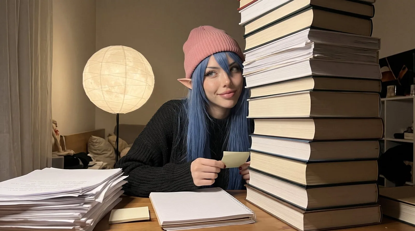 White Rose at night, peeking out from behind a huge pile of books, a round moon-shaped lamp glowing behind her