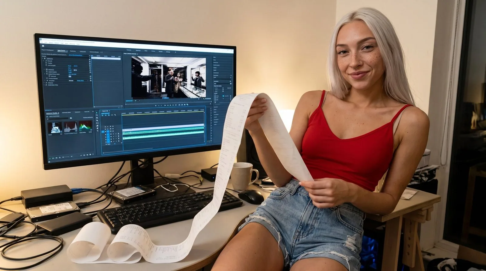 Generated realistic photo: Kira, platinum blonde hair, freckles and nose rings, in a red tank top and denim mini shorts, leaning against an editing desk, holds a long cash-register receipt with both hands, curling down onto the desk; behind her, the editing monitor shows a frame from our heist shot with Kling 4.0: a masked man aims a gun at a couple and a saleswoman, hands raised, in a jewelry store.