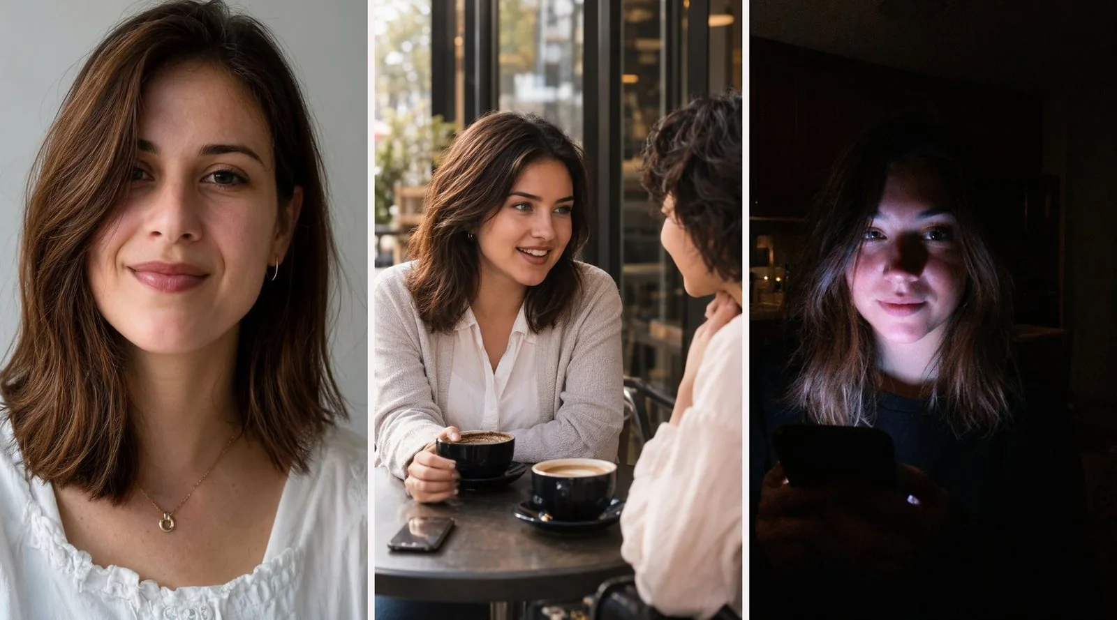 Three images generated by MOSS Image side by side: a brunette woman in a white blouse, in a portrait against a light gray wall; two women talking at a café table; a woman at night, her face lit by her phone screen