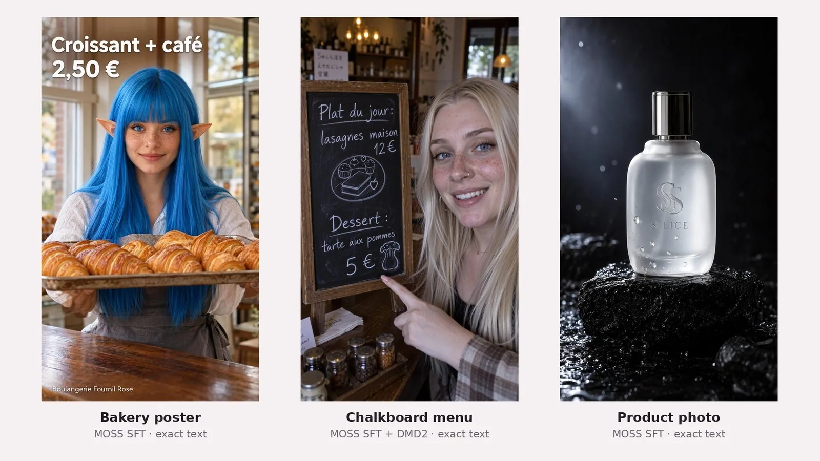 Three vertical visuals side by side. On the left, a young woman with long blue hair and pointed ears holds out a tray of croissants; at the top "Croissant + café 2,50 €", at the bottom "Boulangerie Fournil Rose". In the middle, a blonde woman with freckles points at a chalkboard: "Plat du jour: lasagnes maison 12 €", "Dessert : tarte aux pommes 5 €"; in the background, a blurry little sign in fake Japanese. On the right, a frosted perfume bottle engraved "SILICE" under an "SS" monogram, on a wet black stone.