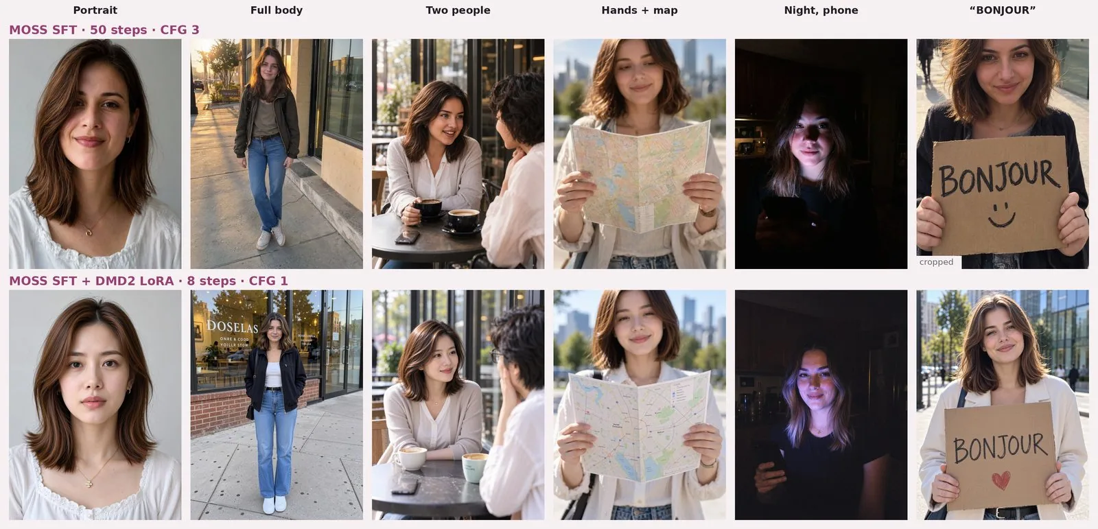 Board of 2 rows by 6 columns (portrait, full body, two people, hands and map, night with a phone, "BONJOUR" sign). MOSS SFT row: a brunette woman with medium-length hair, white blouse, grey background; in a jacket and jeans on a sidewalk at sunset, a "TOS HIIOCRA" sign (blurry letters) in the background; at a café facing a curly-haired friend; an unfolded city map; her face lit by a phone in a dark kitchen; a "BONJOUR" cardboard sign with a smiley, image cropped. MOSS SFT + DMD2 row: a different woman in the portrait; in a black jacket and jeans in front of a shop window marked "DOSELAS"; at the café, the friend wears glasses; the map; her face lit by the phone; a "BONJOUR" cardboard sign with a red heart.