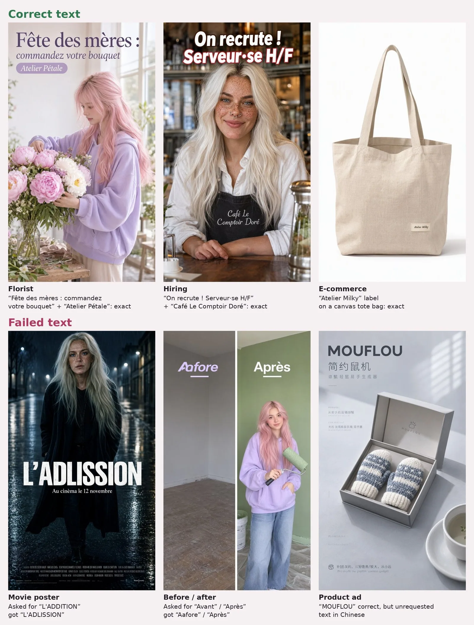 Board of 2 rows by 3 columns, MOSS SFT images. "Correct text" row: a young woman with pink hair in a lavender sweatshirt arranges a bouquet of peonies under "Fête des mères : commandez votre bouquet" and "Atelier Pétale"; a blonde woman with freckles, in a black apron embroidered "Café Le Comptoir Doré", under "On recrute ! Serveur·se H/F"; a beige canvas tote bag with a small "Atelier Milky" label. "Failed text" row: a movie poster at night in the rain, with the title "L'ADLISSION" instead of "L'ADDITION", and "Au cinèma le 12 novembre"; a room split in two, "Aafore" on the left instead of "Avant", "Après" on the right with the pink-haired young woman holding a paint roller; a box of small mittens, "MOUFLOU", surrounded by unrequested lines in Chinese.