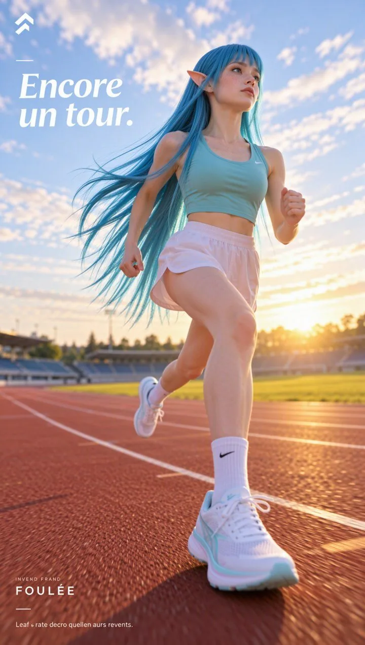 Vertical shoe ad poster: White Rose, blue hair and elf ears, running on an athletics track, sun low on the horizon, in a sea-green sports bra and pale pink shorts. Headline "Encore un tour." at top left, "FOULÉE" at bottom left with "INVEND FRAND" in small letters above it and a line of gibberish below. A small sports-brand swoosh on the sports bra and on the sock of the leg in the foreground.